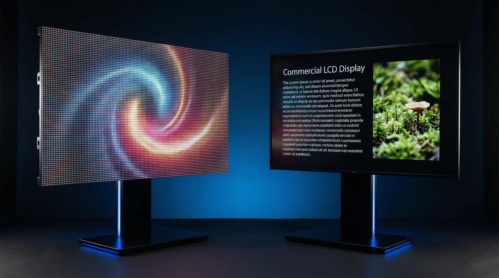 Side-by-side comparison of LED video wall panel and LCD commercial display in a showroom