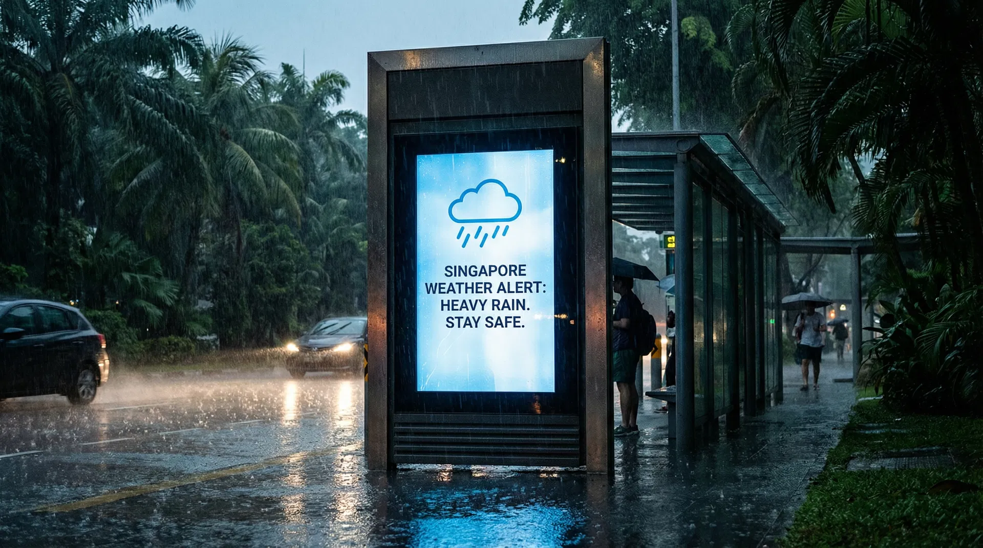 Weatherproof outdoor digital signage display operating during a tropical rainstorm in Singapore