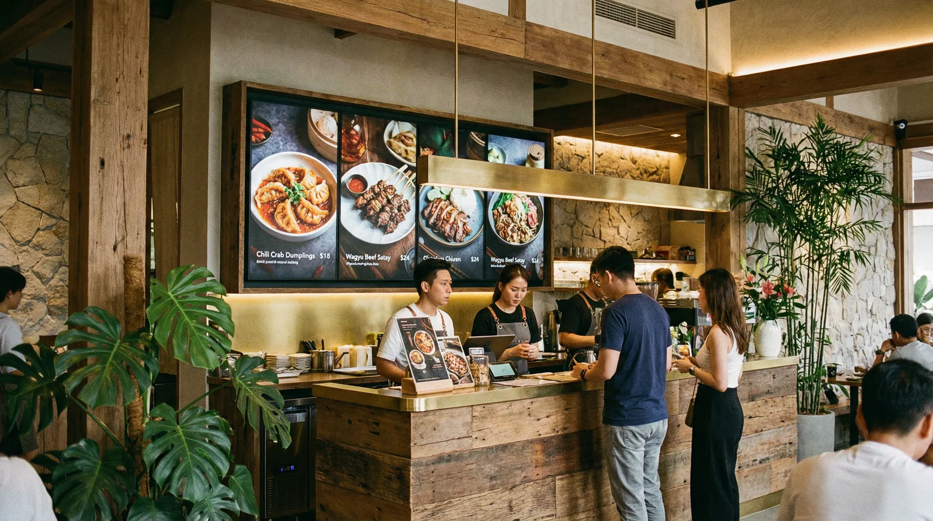 Modern Singapore restaurant with digital menu boards displaying food items behind the counter