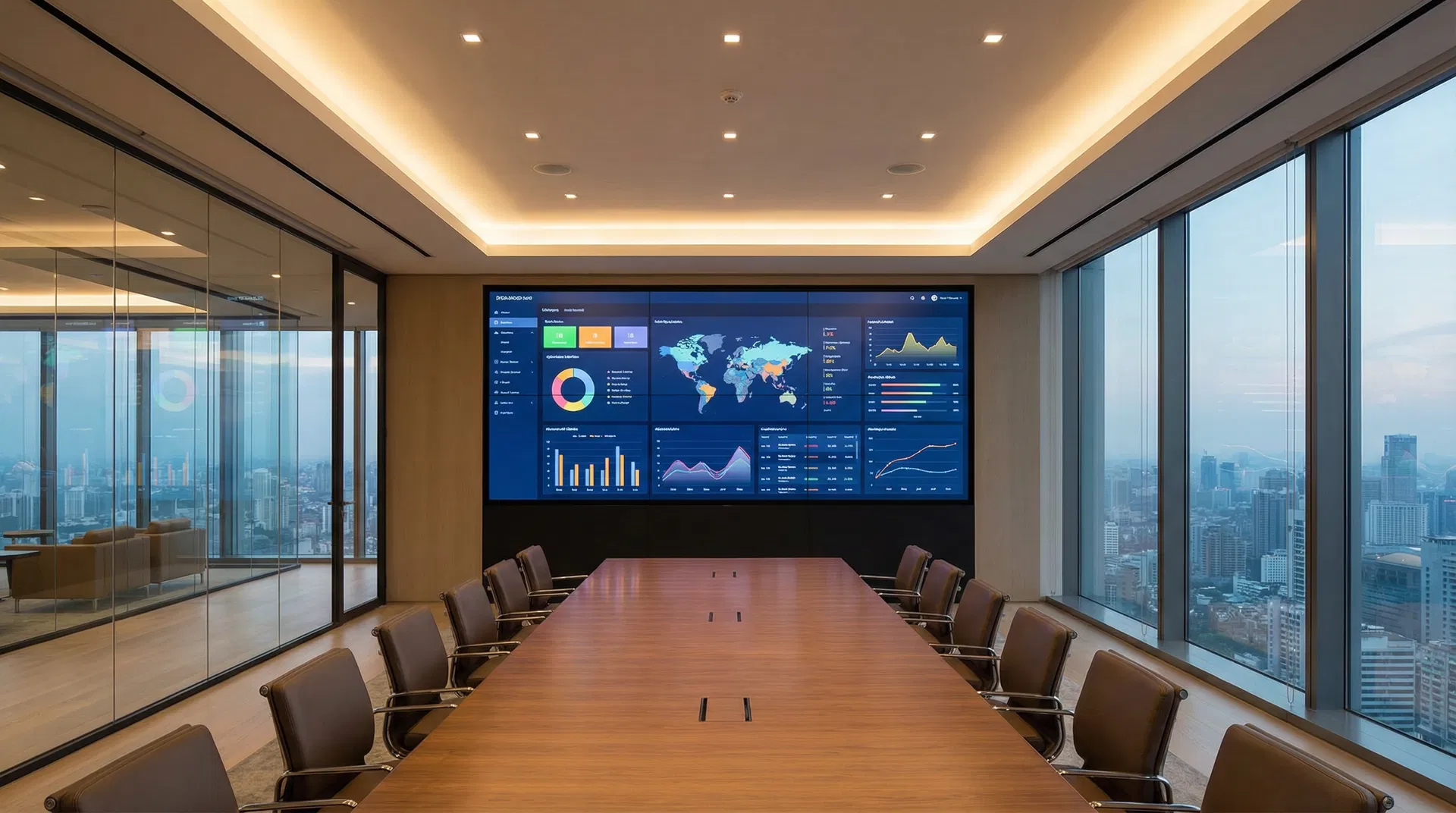 Modern corporate boardroom with a large seamless video wall displaying data dashboard