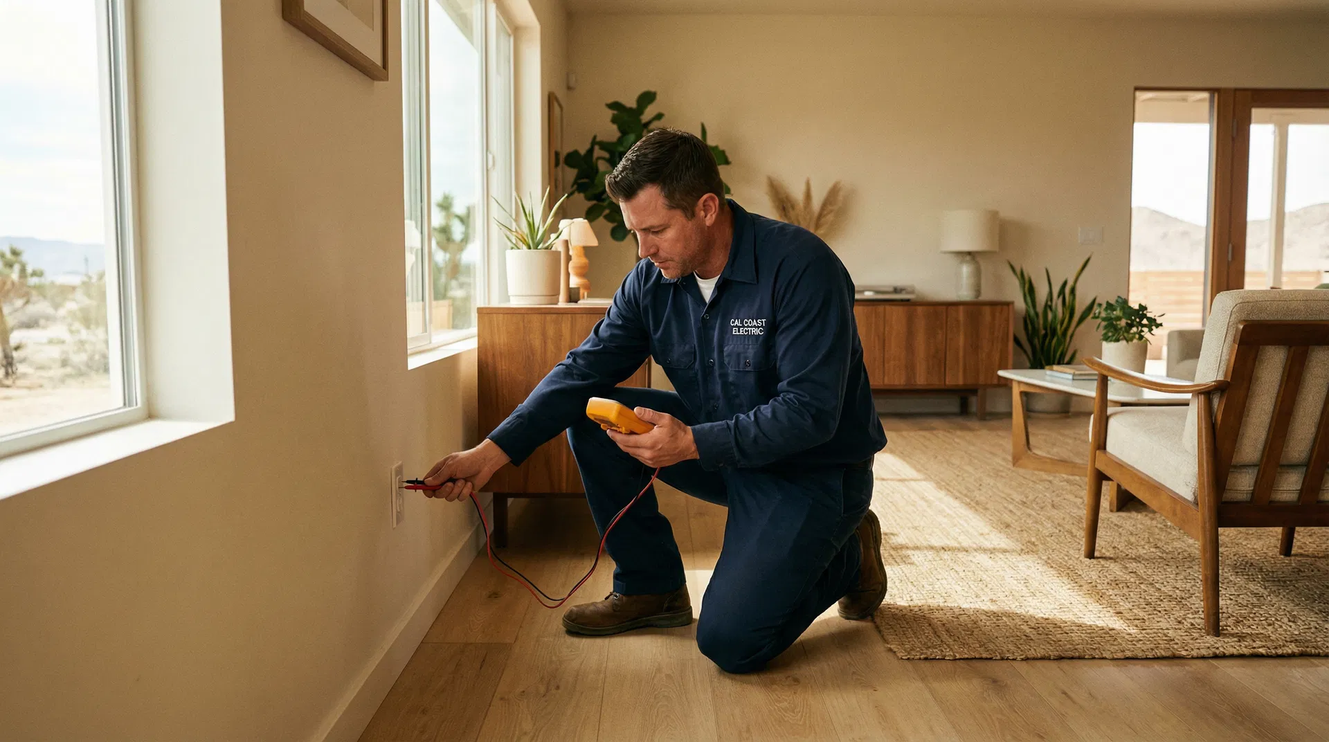 Electrician diagnosing electrical issue in a residential home