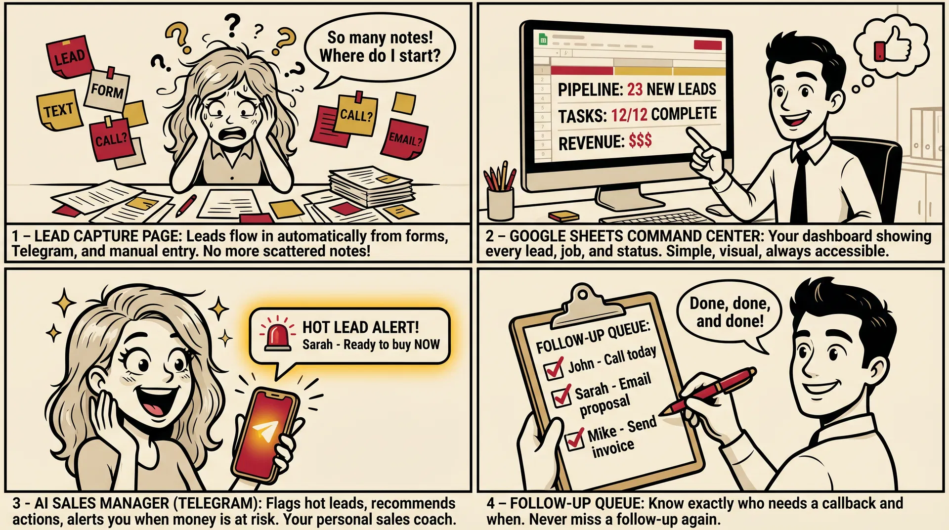 AI Back-Office Cashflow System - 4 Panel Comic