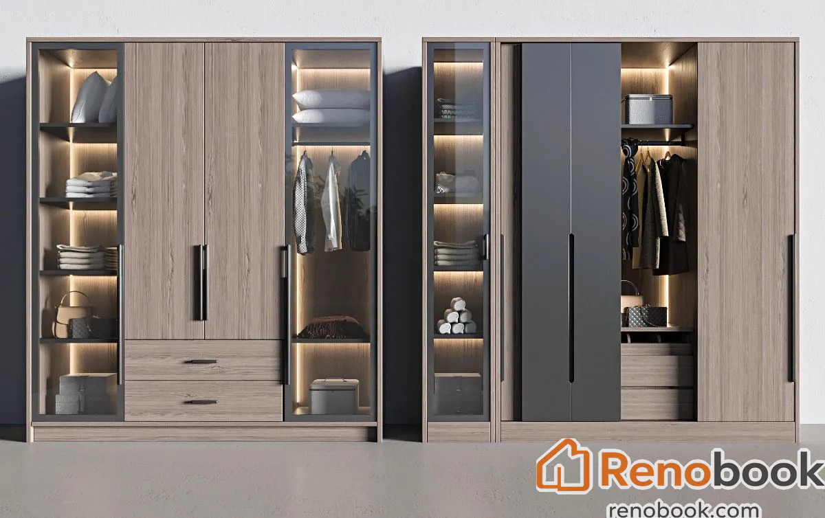 Modern wood grain wardrobe with dark grey panels, glass doors, and LED lighting