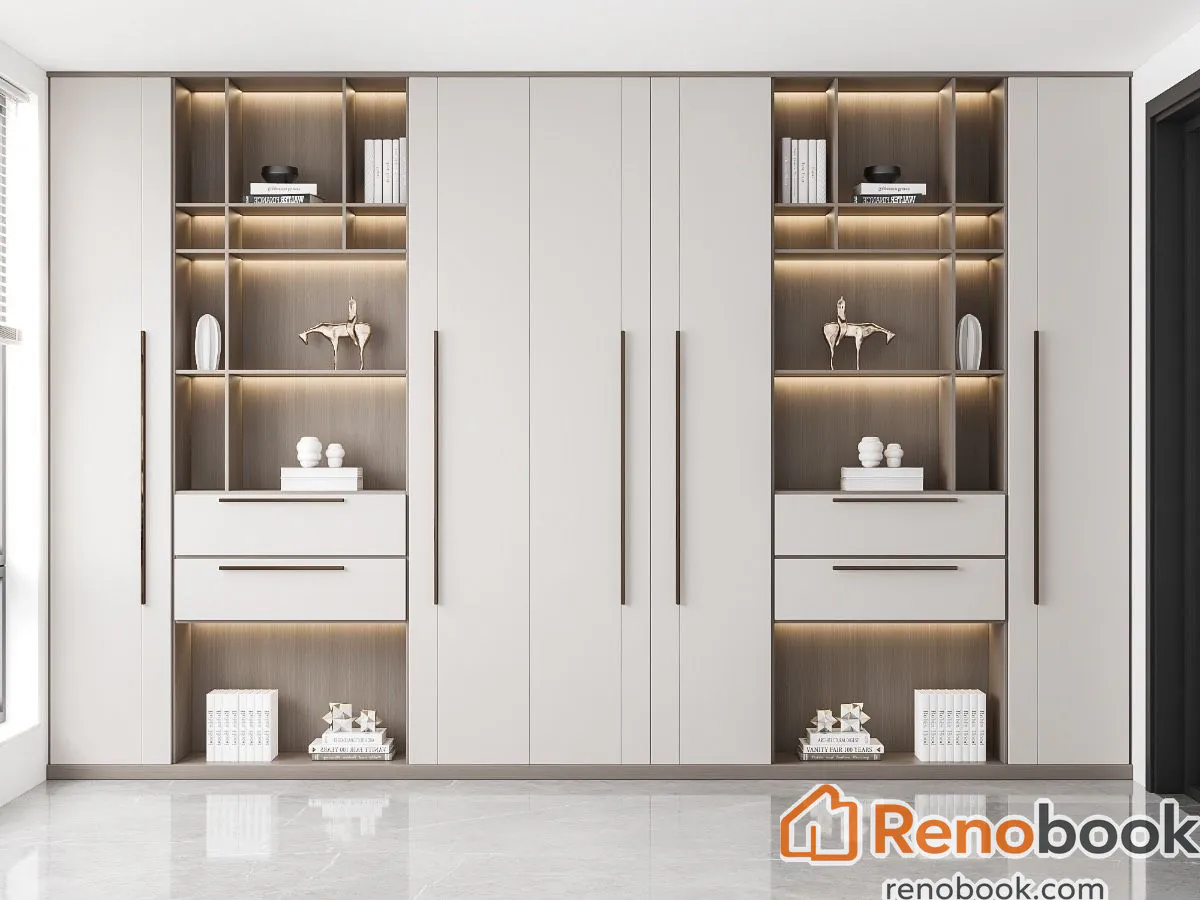 Modern wood grain wardrobe with dark grey panels, glass doors, and LED lighting
