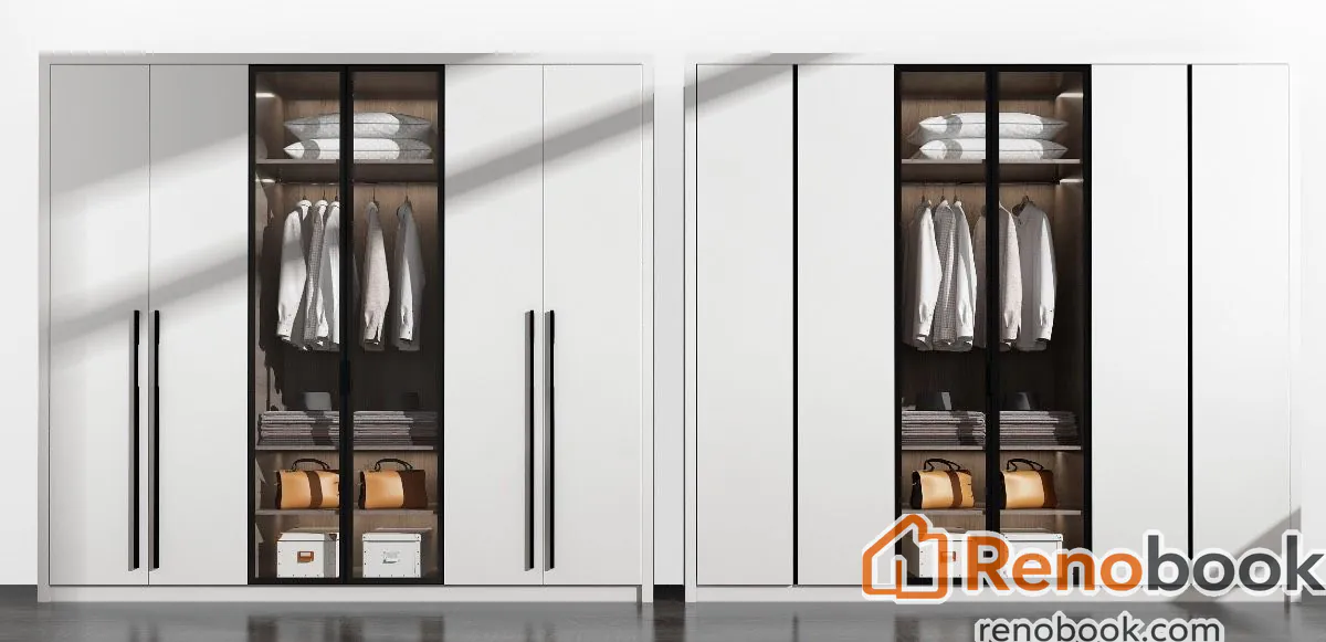 Modern wood grain wardrobe with dark grey panels, glass doors, and LED lighting