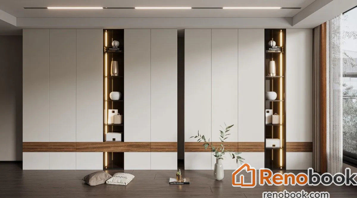 Modern wood grain wardrobe with dark grey panels, glass doors, and LED lighting