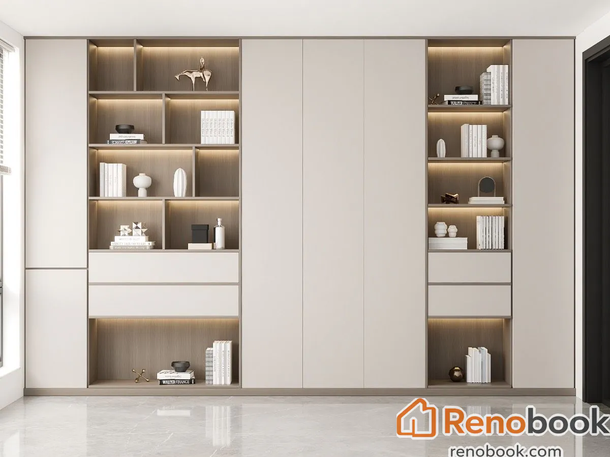 Modern wood grain wardrobe with dark grey panels, glass doors, and LED lighting