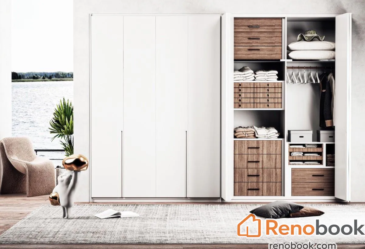 Modern wood grain wardrobe with dark grey panels, glass doors, and LED lighting