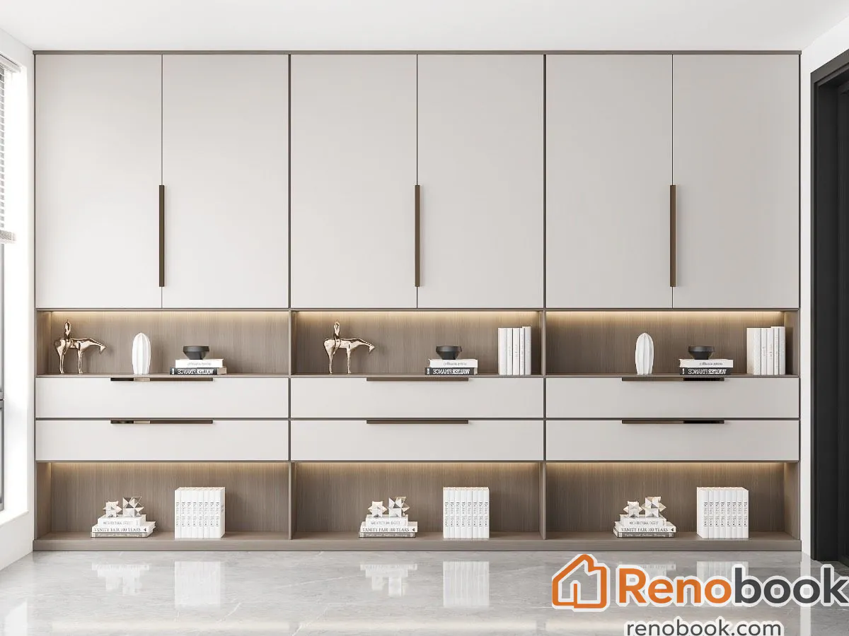 Modern full-wall light grey cabinet with integrated lighting and display shelves in Los Angeles, CA, USA