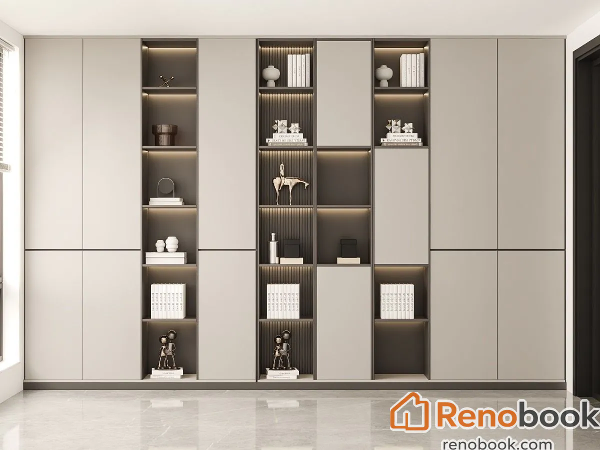 Modern full-wall light grey cabinet with integrated lighting and display shelves in Los Angeles, CA, USA