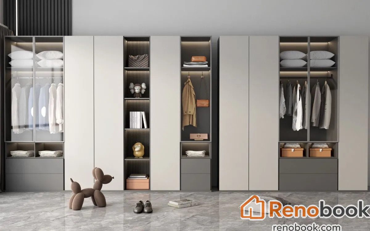 Modern full-wall light grey cabinet with integrated lighting and display shelves in Los Angeles, CA, USA