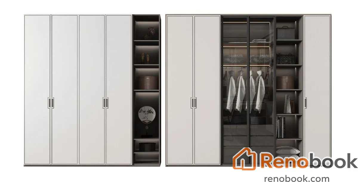Modern full-wall light grey cabinet with integrated lighting and display shelves in Los Angeles, CA, USA