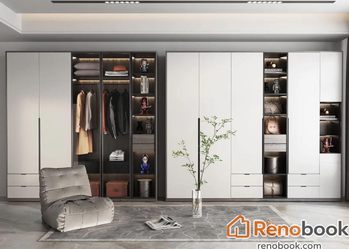 Modern full-wall light grey cabinet with integrated lighting and display shelves in Los Angeles, CA, USA