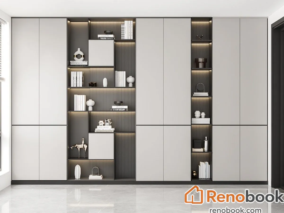 Modern full-wall light grey cabinet with integrated lighting and display shelves in Los Angeles, CA, USA