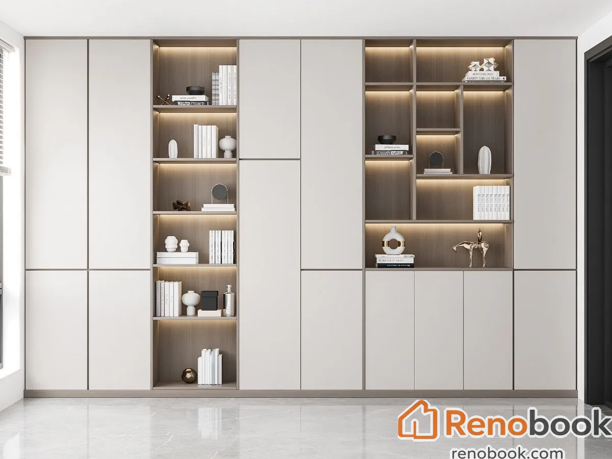 Modern full-wall light grey cabinet with integrated lighting and display shelves in Los Angeles, CA, USA