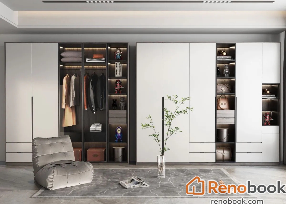 Modern white and dark wood wardrobe cabinet with integrated lighting in Los Angeles, CA, USA