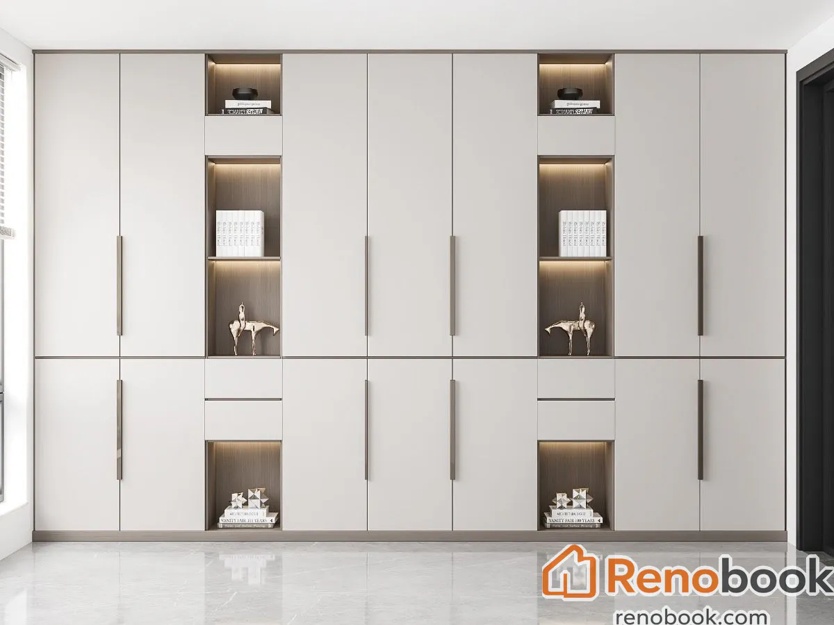 Modern white and dark wood wardrobe cabinet with integrated lighting in Los Angeles, CA, USA