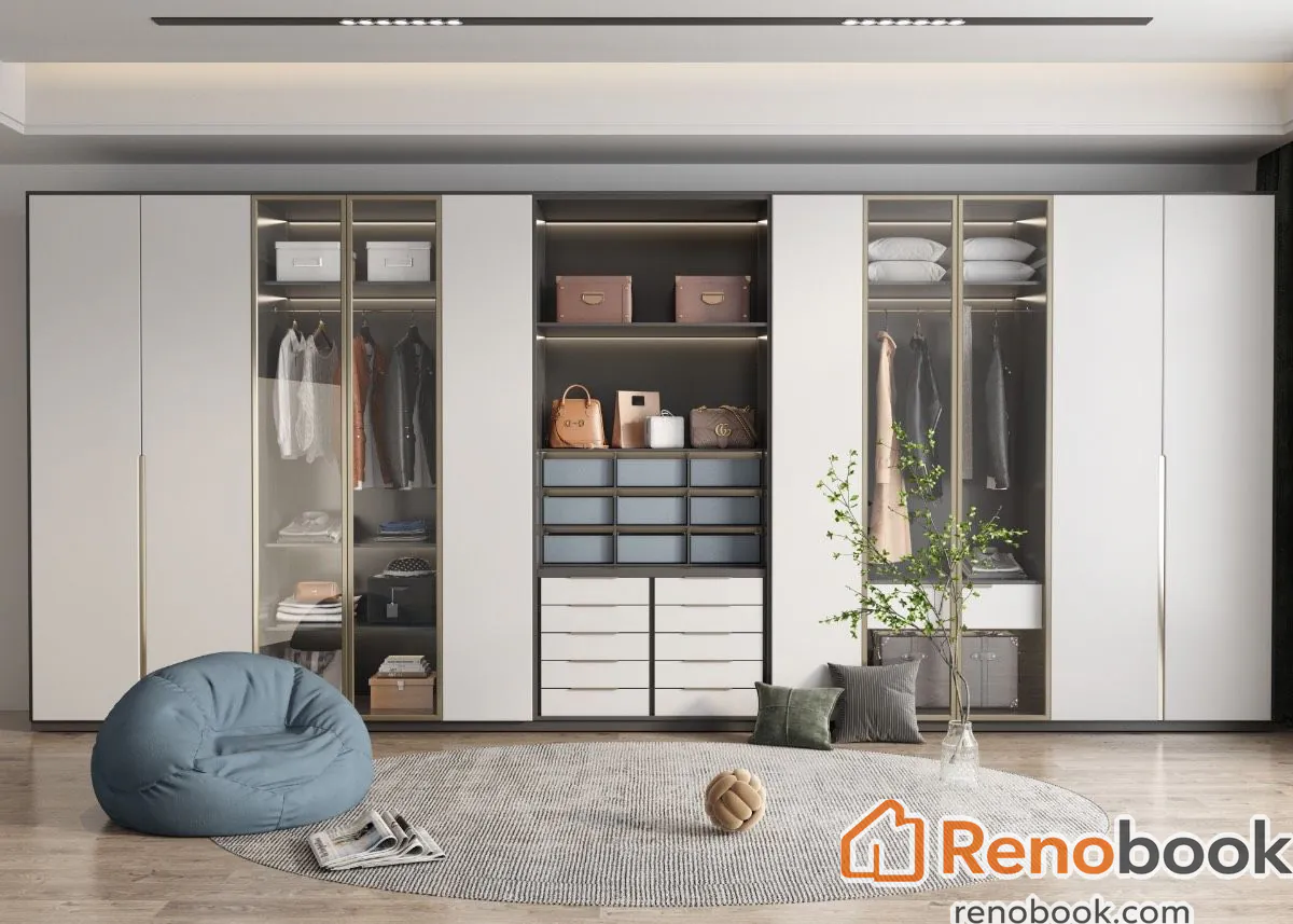 Modern white and glass wardrobe cabinet with illuminated shelving in Los Angeles, CA, USA