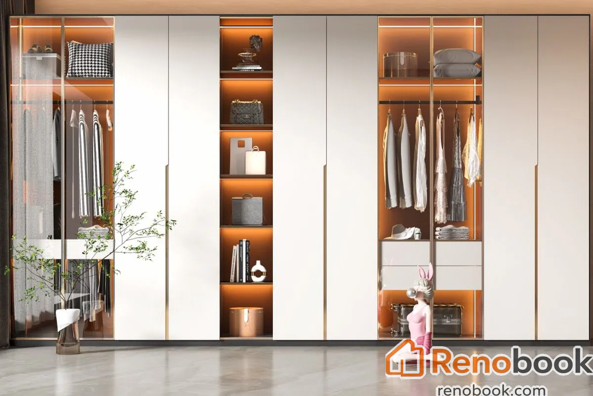 Modern white and glass wardrobe cabinet with illuminated shelving in Los Angeles, CA, USA