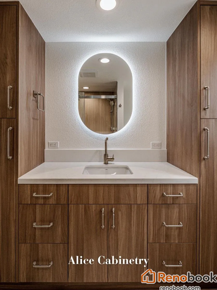 Modern walnut bathroom vanity with white quartz counter & brass faucet in San Leandro, CA, USA