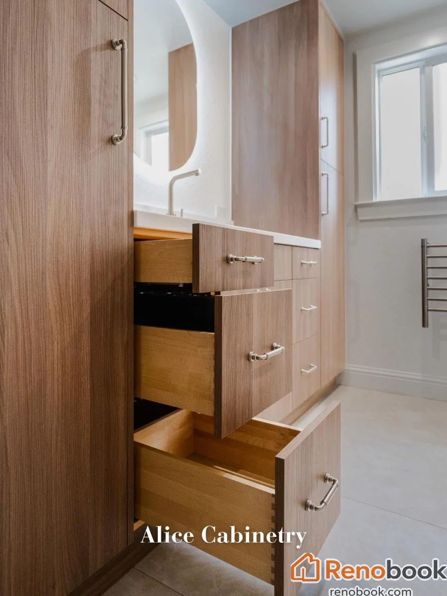 Modern walnut bathroom vanity with white quartz counter & brass faucet in San Leandro, CA, USA