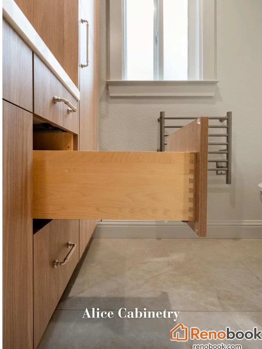 Modern walnut bathroom vanity with white quartz counter & brass faucet in San Leandro, CA, USA