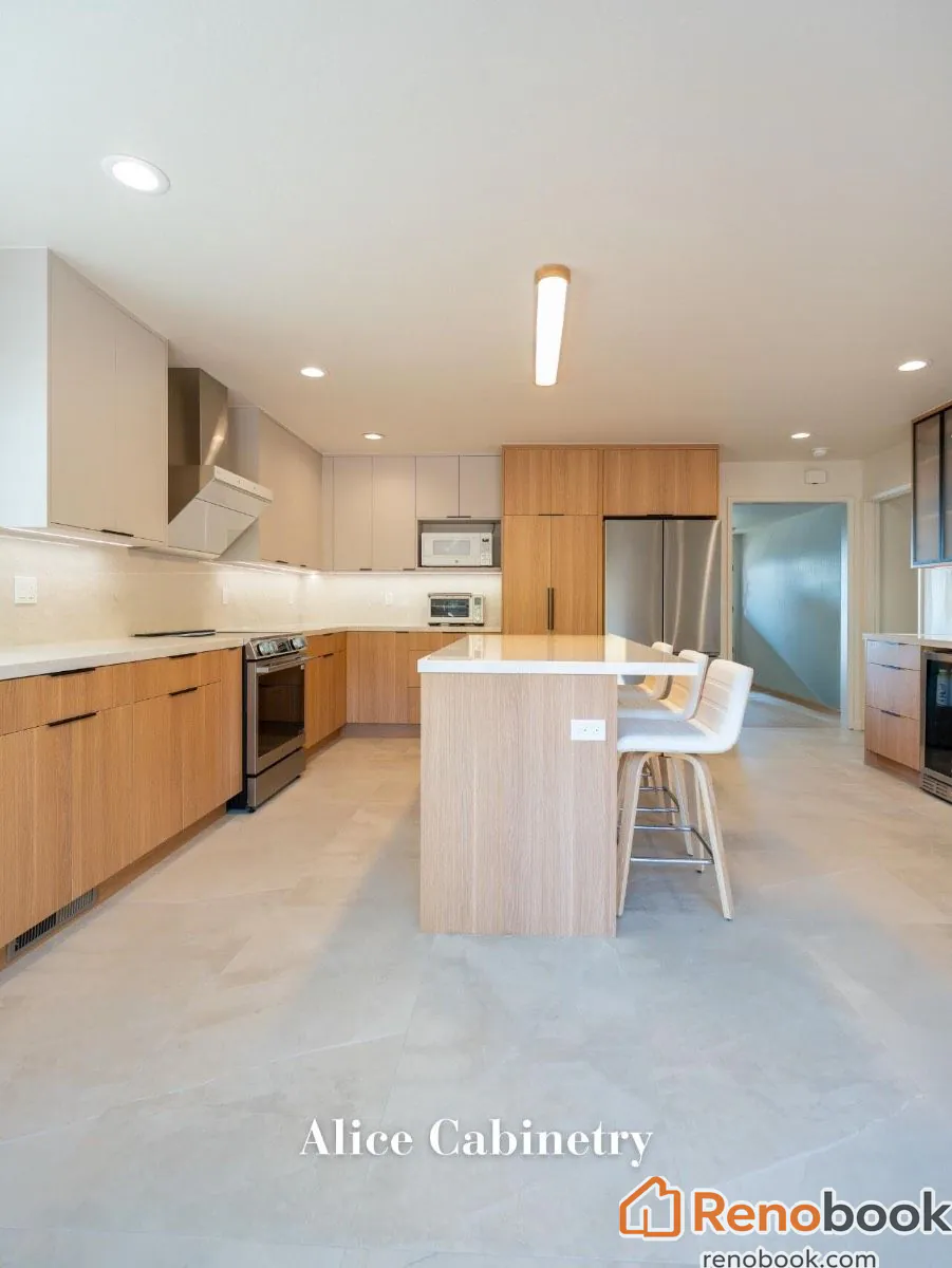 Modern light wood kitchen with frosted glass cabinets in San Leandro, CA, USA