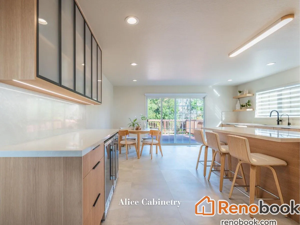 Modern light wood kitchen with frosted glass cabinets in San Leandro, CA, USA