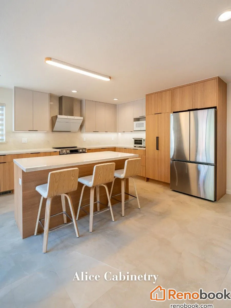 Modern light wood kitchen with frosted glass cabinets in San Leandro, CA, USA