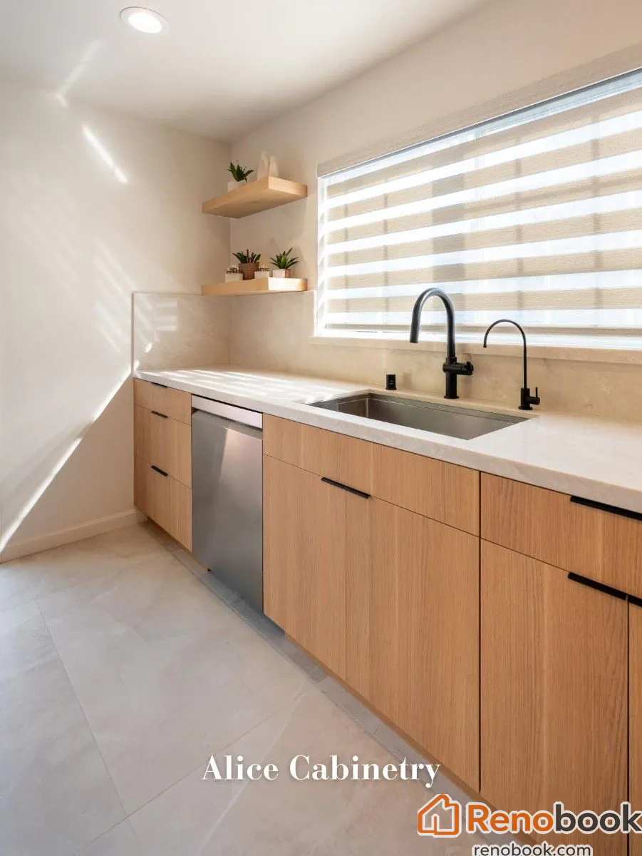 Modern light wood kitchen with frosted glass cabinets in San Leandro, CA, USA