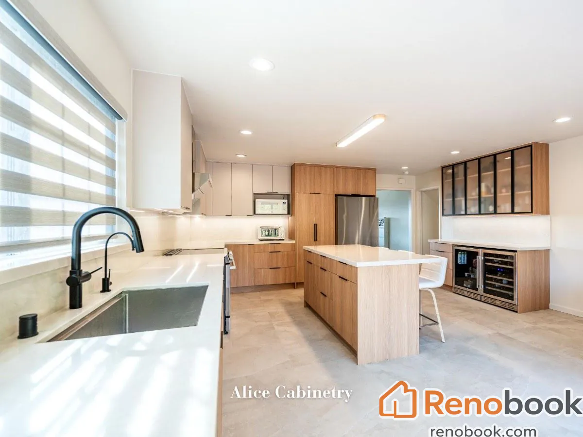 Modern light wood kitchen with frosted glass cabinets in San Leandro, CA, USA