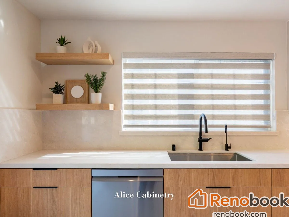 Modern light wood kitchen with frosted glass cabinets in San Leandro, CA, USA