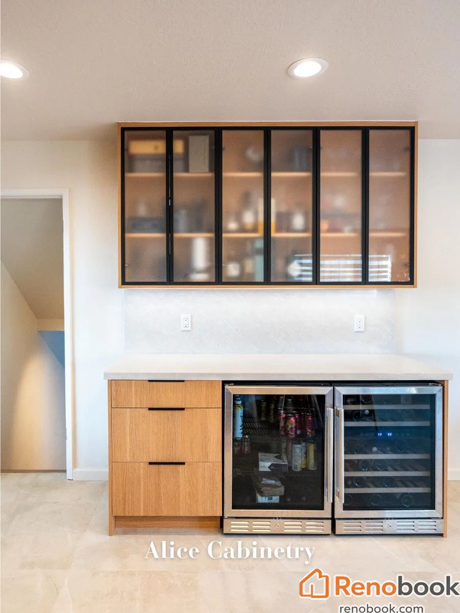 Modern light wood kitchen with frosted glass cabinets in San Leandro, CA, USA