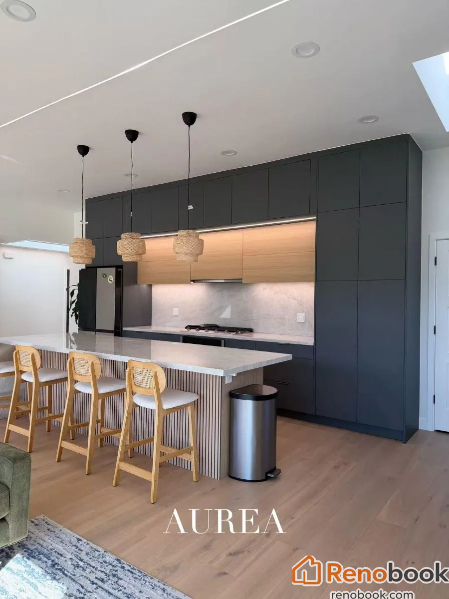 Modern two-tone kitchen with charcoal & oak cabinets, marble waterfall island in San Jose, CA, USA