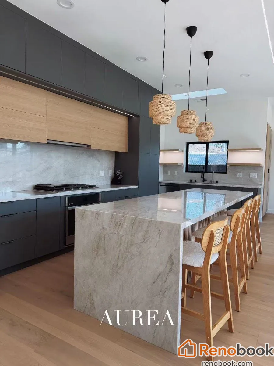 Modern two-tone kitchen with charcoal & oak cabinets, marble waterfall island in San Jose, CA, USA