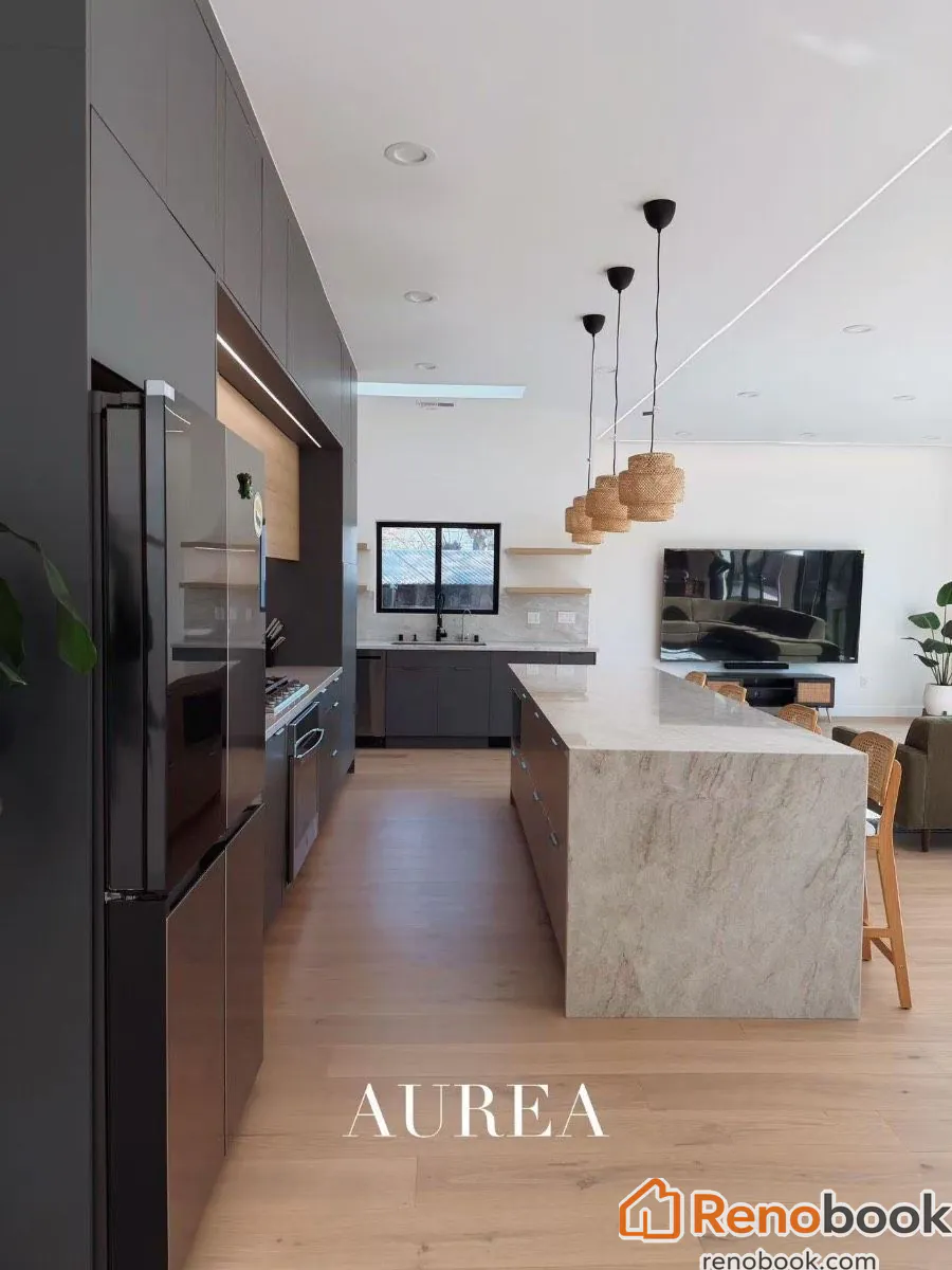 Modern two-tone kitchen with charcoal & oak cabinets, marble waterfall island in San Jose, CA, USA
