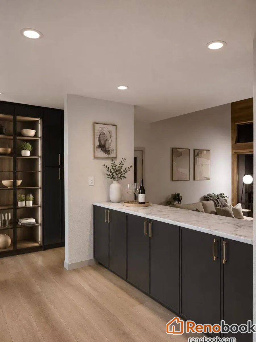 Modern U-shaped kitchen with black cabinets, wood slat accent, and quartz counters in Seattle, WA, USA