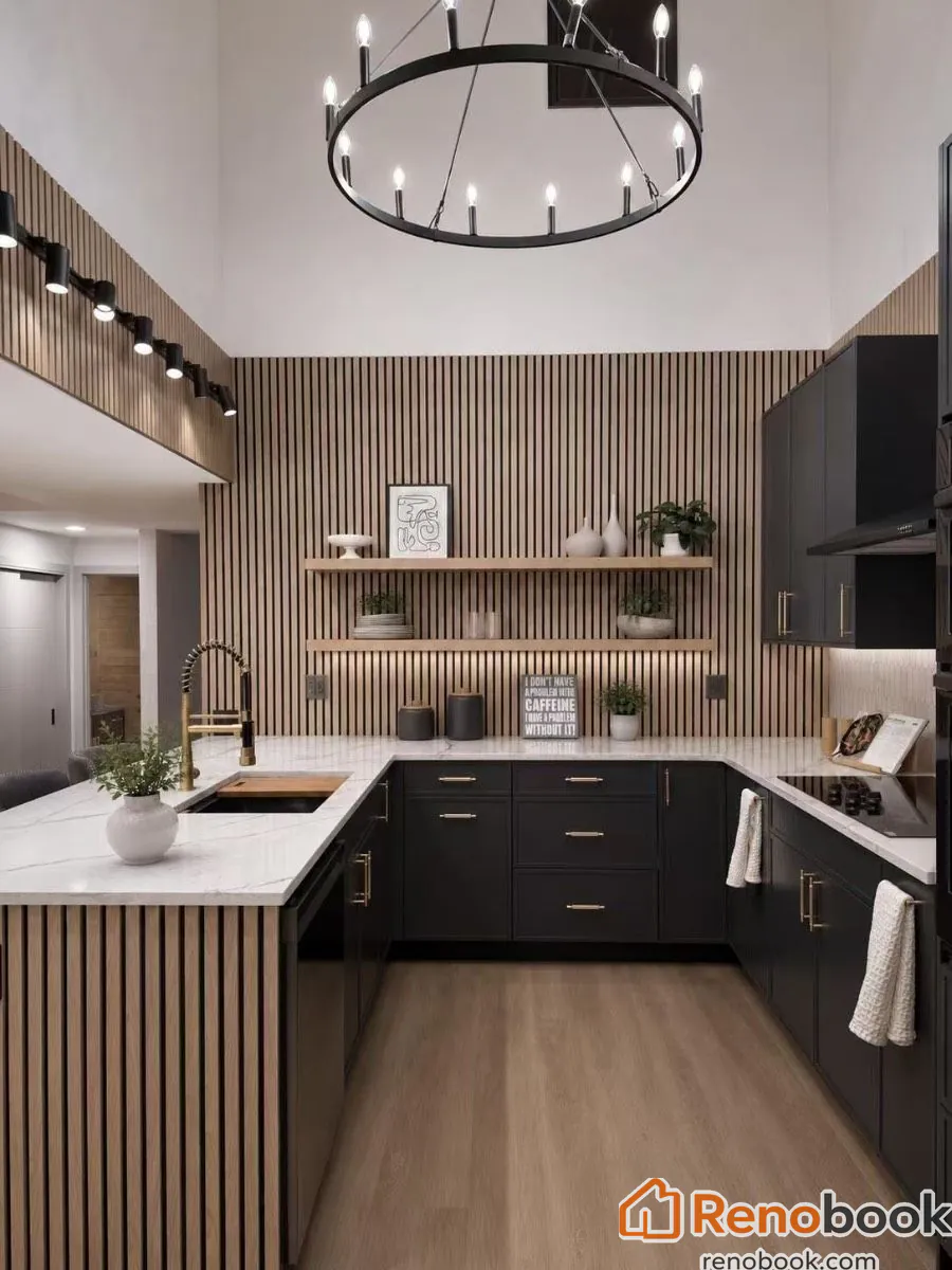 Modern U-shaped kitchen with black cabinets, wood slat accent, and quartz counters in Seattle, WA, USA