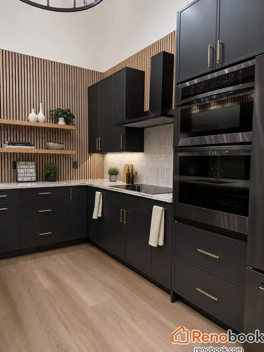 Modern U-shaped kitchen with black cabinets, wood slat accent, and quartz counters in Seattle, WA, USA