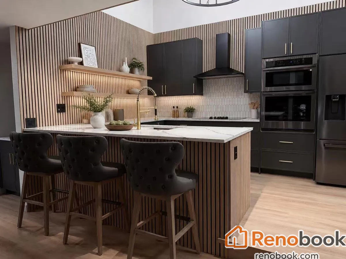 Modern U-shaped kitchen with black cabinets, wood slat accent, and quartz counters in Seattle, WA, USA