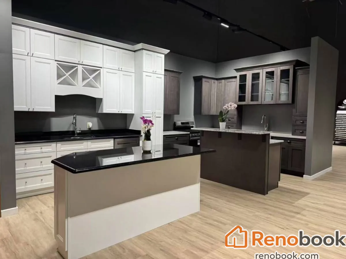Two-tone shaker kitchen with gray and white cabinets, quartz counters, and island in Pomona, CA, USA