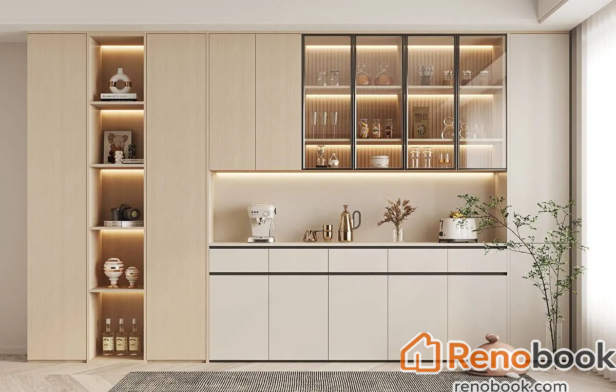 Modern light wood and cream storage cabinet with glass display and lighting in Pomona, CA, USA