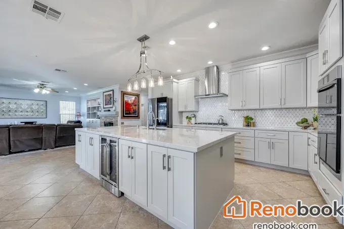 Modern white shaker kitchen with quartz counters, diamond tile backsplash & island in Las Vegas, NV, USA