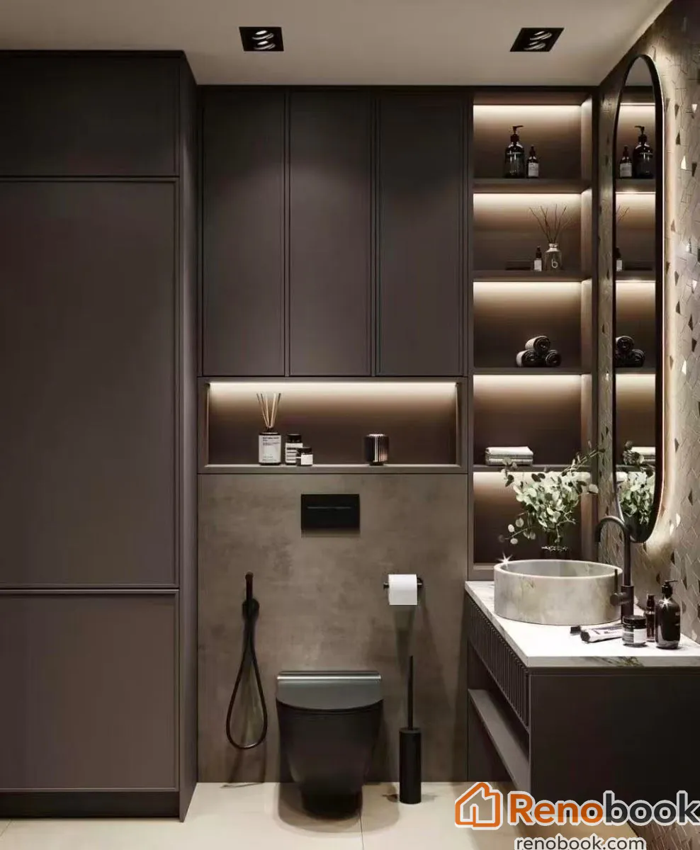 Luxurious dark modern bathroom with stone vessel sink & integrated lighting in Melbourne VIC, Australia