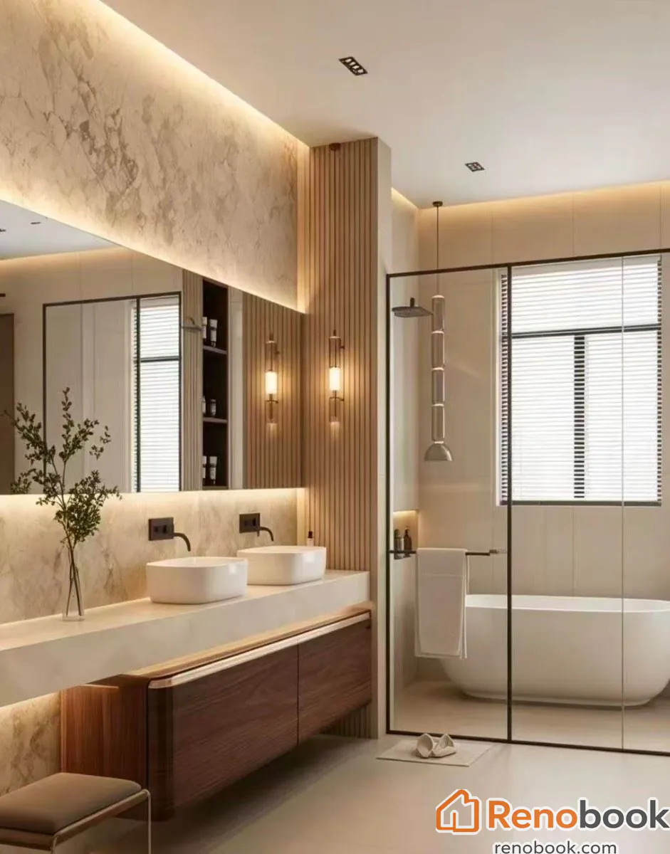 Modern bathroom with floating wood vanity, vessel sinks, and freestanding tub in Melbourne VIC, Australia