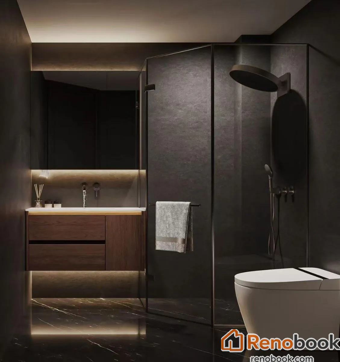 Luxurious dark marble bathroom with floating vanity & backlit mirror in Melbourne VIC, Australia