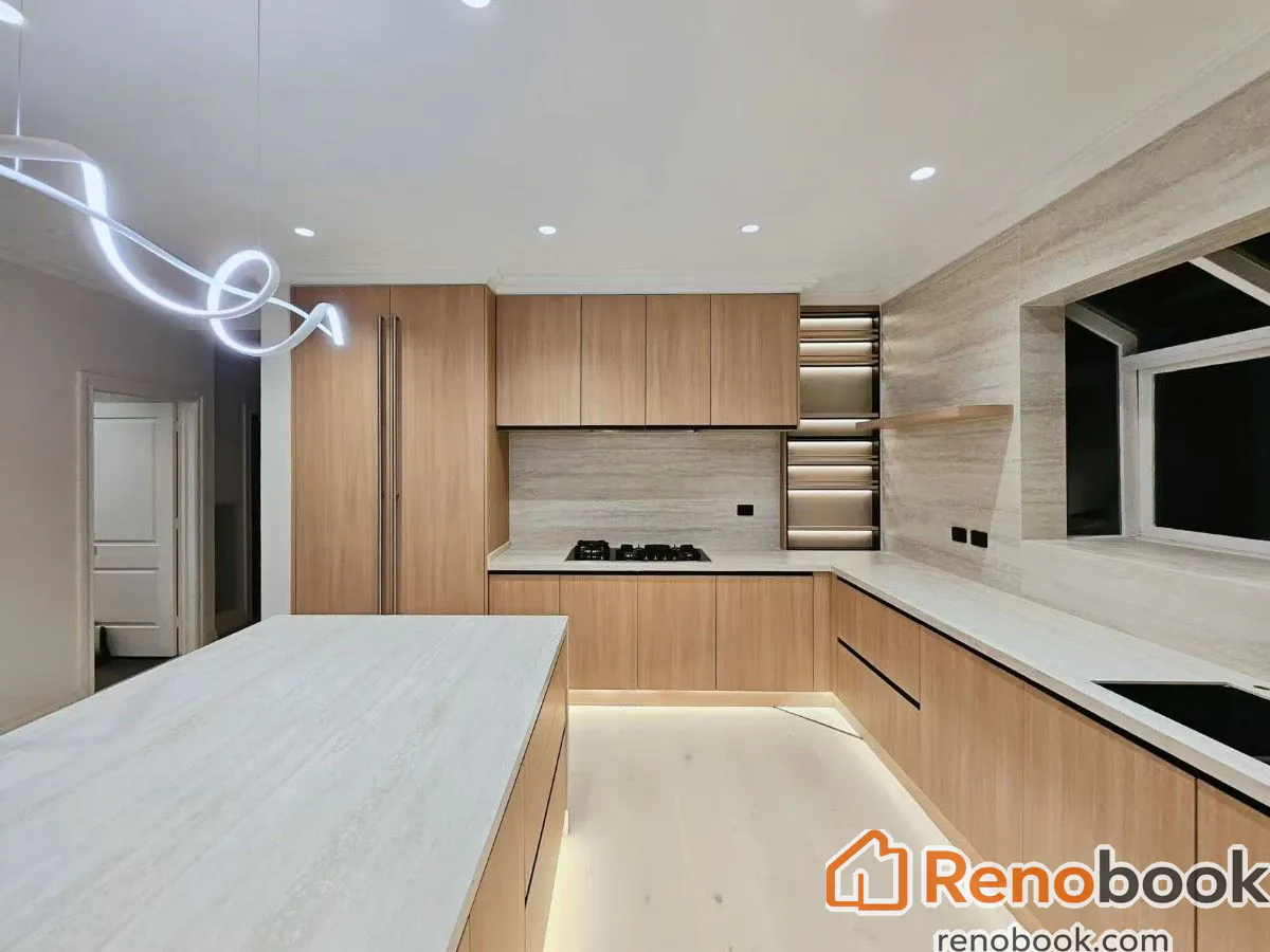 Modern light wood kitchen with fluted island and integrated appliances in Melbourne VIC, Australia