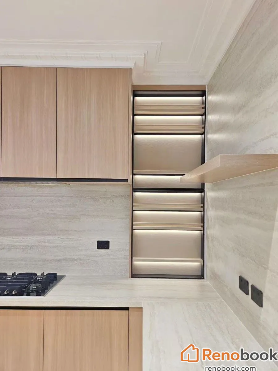 Modern light wood kitchen with fluted island and integrated appliances in Melbourne VIC, Australia