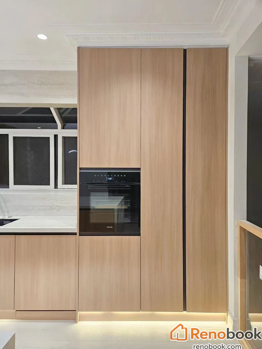 Modern light wood kitchen with fluted island and integrated appliances in Melbourne VIC, Australia