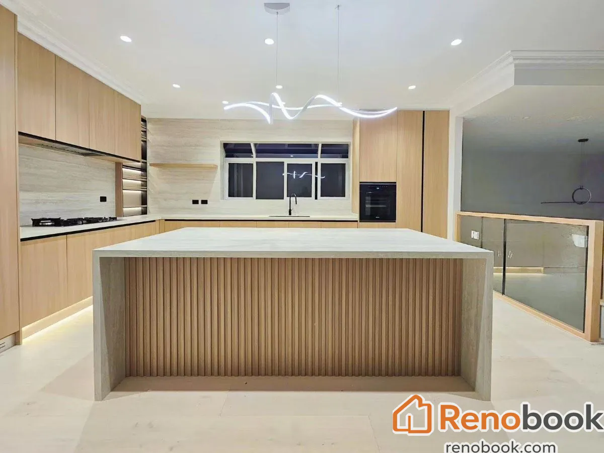 Modern light wood kitchen with fluted island and integrated appliances in Melbourne VIC, Australia